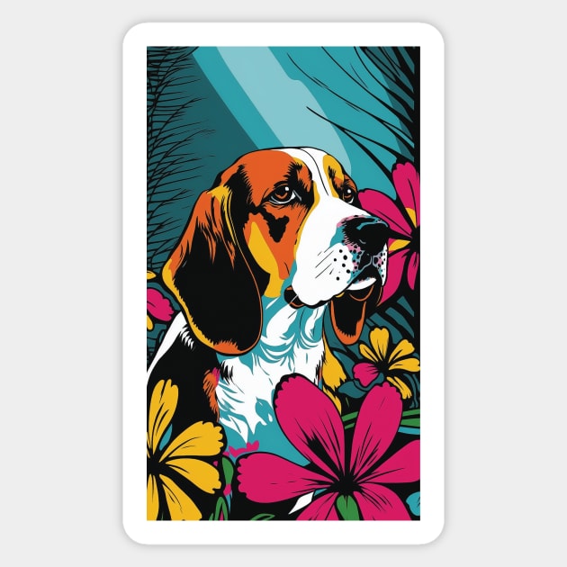 Beagle Dog Vibrant Tropical Flower Tall Retro Vintage Digital Pop Art Portrait 2 Sticker by ArtHouseFlunky